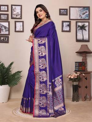 royal blue soft silk blend solid self jacquard weaving banarasi saree 3