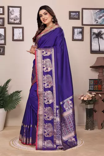royal blue soft silk blend solid self jacquard weaving banarasi saree