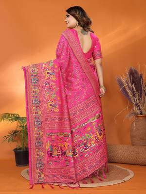 pink soft silk blend meenakari weaving work pashmina saree 6