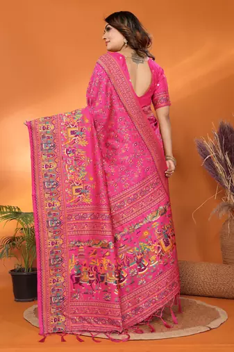 pink soft silk blend meenakari weaving work pashmina saree