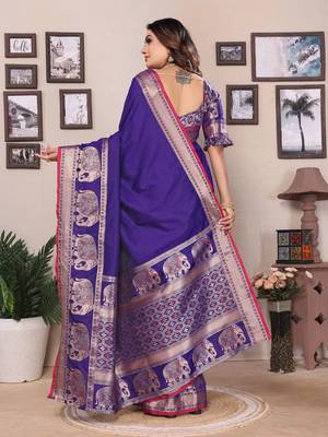 royal blue soft silk blend solid self jacquard weaving banarasi saree 4
