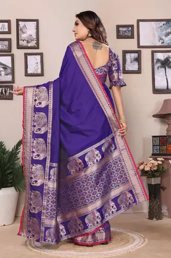 royal blue soft silk blend solid self jacquard weaving banarasi saree