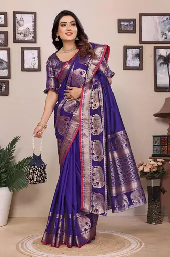 royal blue soft silk blend solid self jacquard weaving banarasi saree