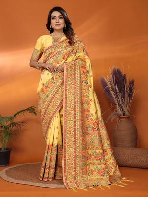 yellow soft silk blend meenakari weaving work pashmina saree 1