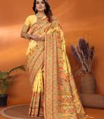 yellow soft silk blend meenakari weaving work pashmina saree
