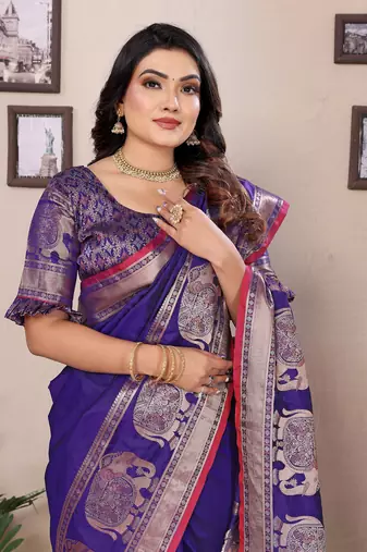 royal blue soft silk blend solid self jacquard weaving banarasi saree