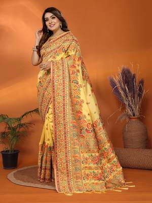 yellow soft silk blend meenakari weaving work pashmina saree 3