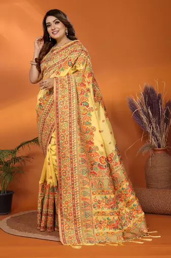 yellow soft silk blend meenakari weaving work pashmina saree