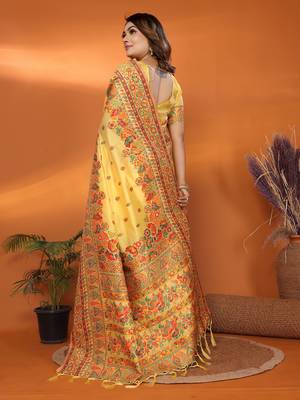 yellow soft silk blend meenakari weaving work pashmina saree 4