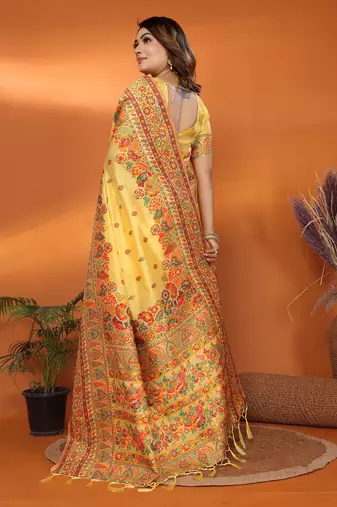 yellow soft silk blend meenakari weaving work pashmina saree