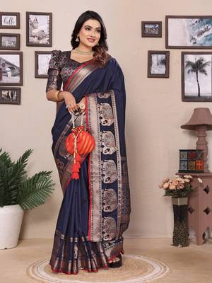 dark blue soft silk blend solid self jacquard weaving banarasi saree 1