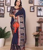 dark blue soft silk blend solid self jacquard weaving banarasi saree