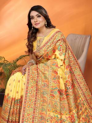 yellow soft silk blend meenakari weaving work pashmina saree 5
