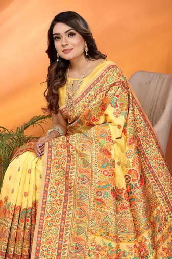 yellow soft silk blend meenakari weaving work pashmina saree