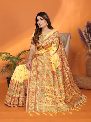 yellow soft silk blend meenakari weaving work pashmina saree 6