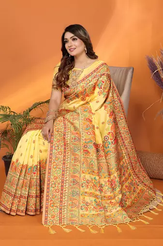 yellow soft silk blend meenakari weaving work pashmina saree