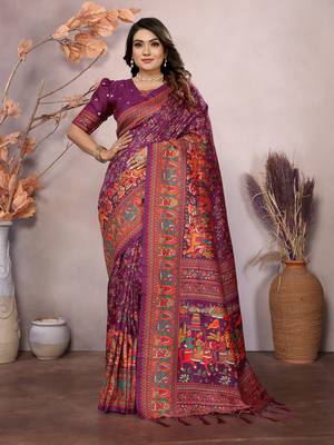 wine soft silk blend meenakari weaving work pashmina saree 1