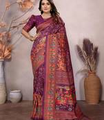 wine soft silk blend meenakari weaving work pashmina saree