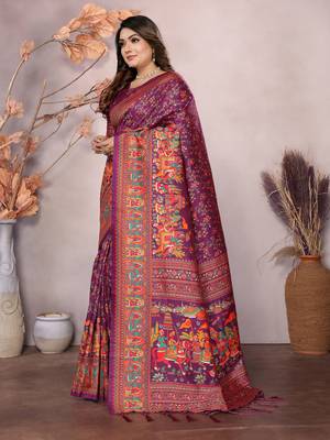 wine soft silk blend meenakari weaving work pashmina saree 3