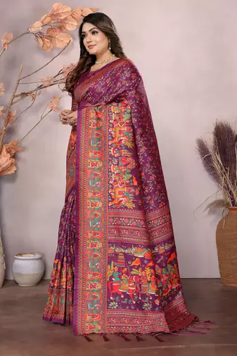 wine soft silk blend meenakari weaving work pashmina saree