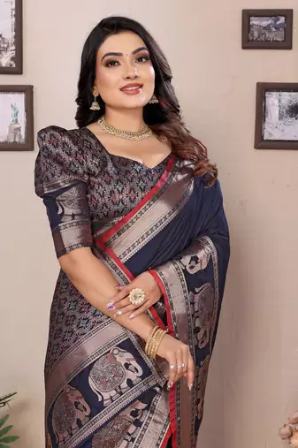 dark blue soft silk blend solid self jacquard weaving banarasi saree