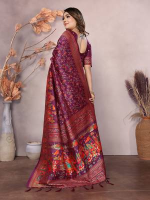 wine soft silk blend meenakari weaving work pashmina saree 4