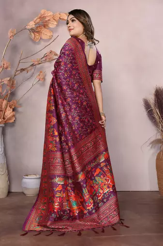 wine soft silk blend meenakari weaving work pashmina saree
