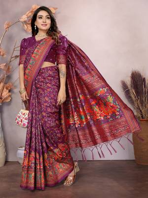 wine soft silk blend meenakari weaving work pashmina saree 5