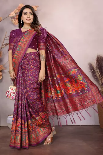 wine soft silk blend meenakari weaving work pashmina saree