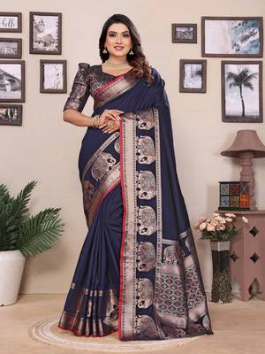 dark blue soft silk blend solid self jacquard weaving banarasi saree 4