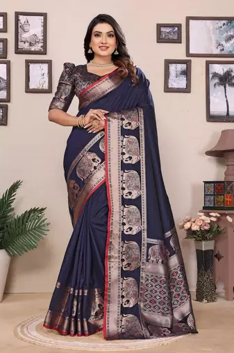 dark blue soft silk blend solid self jacquard weaving banarasi saree