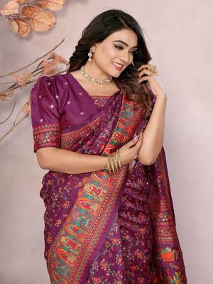 wine soft silk blend meenakari weaving work pashmina saree 6