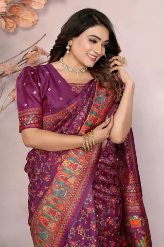 wine soft silk blend meenakari weaving work pashmina saree