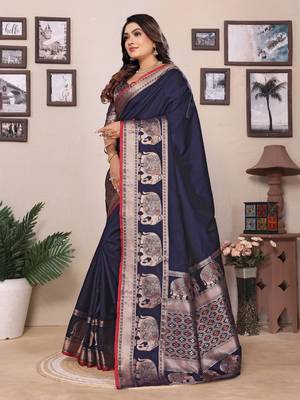 dark blue soft silk blend solid self jacquard weaving banarasi saree 5