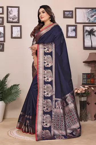 dark blue soft silk blend solid self jacquard weaving banarasi saree