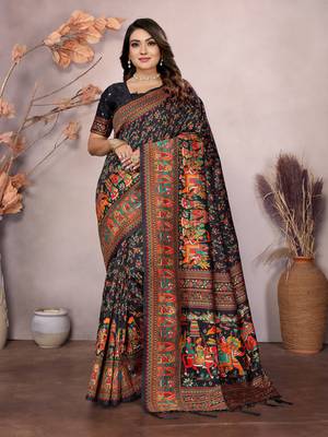 black soft silk blend meenakari weaving work pashmina saree 1