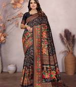black soft silk blend meenakari weaving work pashmina saree