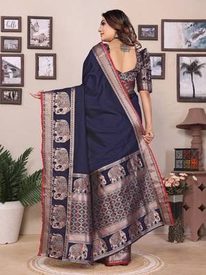 dark blue soft silk blend solid self jacquard weaving banarasi saree 6