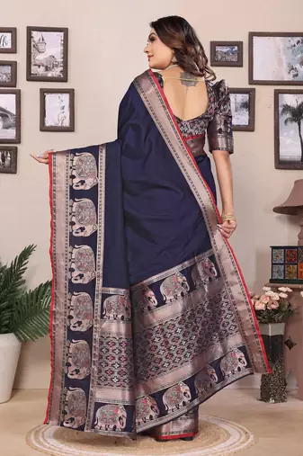 dark blue soft silk blend solid self jacquard weaving banarasi saree
