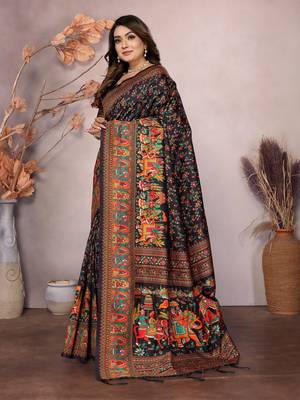 black soft silk blend meenakari weaving work pashmina saree 3