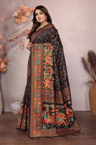 black soft silk blend meenakari weaving work pashmina saree