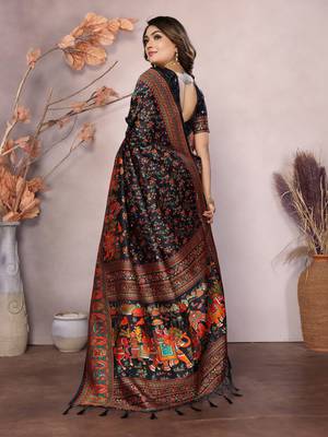 black soft silk blend meenakari weaving work pashmina saree 4