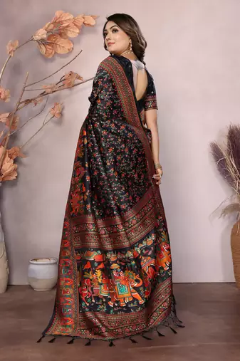black soft silk blend meenakari weaving work pashmina saree