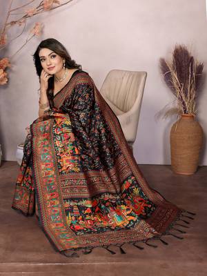 black soft silk blend meenakari weaving work pashmina saree 5