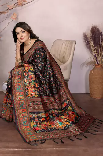 black soft silk blend meenakari weaving work pashmina saree