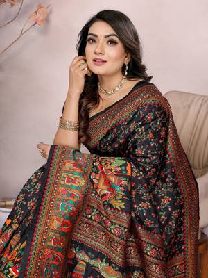 black soft silk blend meenakari weaving work pashmina saree 6