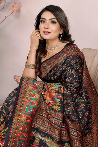 black soft silk blend meenakari weaving work pashmina saree