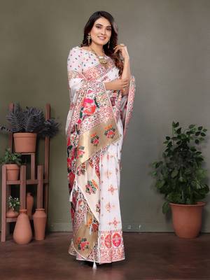 white rajwadi pashmina silk blend weaving kashmiri thread woven saree 1