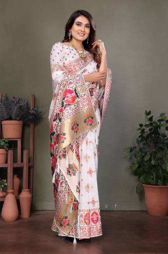 white rajwadi pashmina silk blend weaving kashmiri thread woven saree