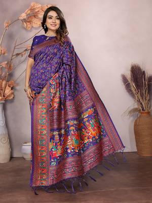 purple soft silk blend meenakari weaving work pashmina saree 1
